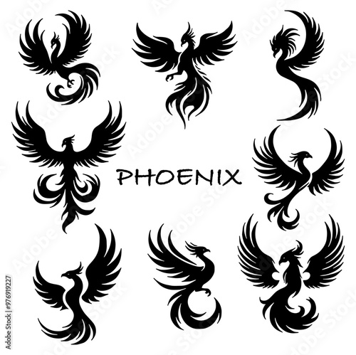 Phoenix Silhouette Set. Flat Vector Illustration