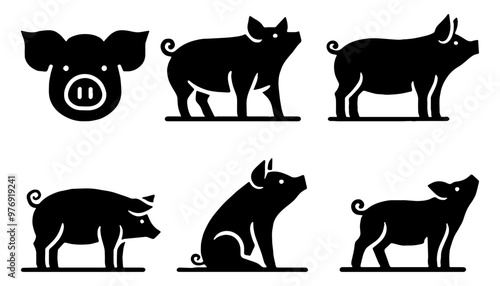 Pigs Silhouette Set. Flat Vector Illustration