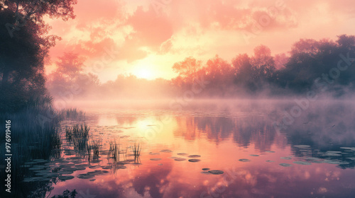 A tranquil pond at sunrise, with mist rising from the water and the sky painted in soft pink and orange hues.