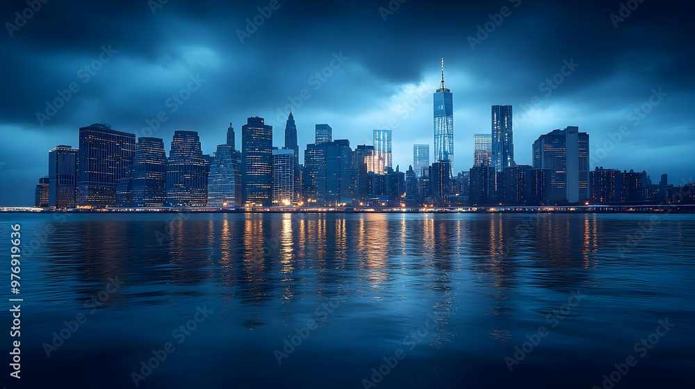 Fototapeta premium A dramatic night view of the New York City skyline with storm clouds and reflections in the water.