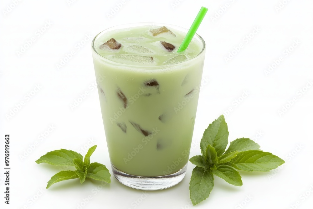 Refreshing Iced Green Tea Beverage in a Glass with Ice Cubes, a Straw, and Fresh Mint Leaves Refreshing Iced Green Tea Beverage in a Glass with Ice Cubes, a Straw, and Fresh Mint Leaves