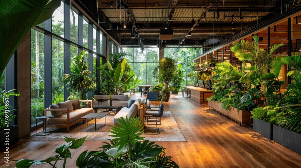 Amidst lush indoor greenery, employees in a sustainable office enjoy a biophilic design that harmonizes nature with energy efficiency Amidst lush indoor greenery, employees in a sustainable office enjoy a biophilic design that harmonizes nature with energy efficiency