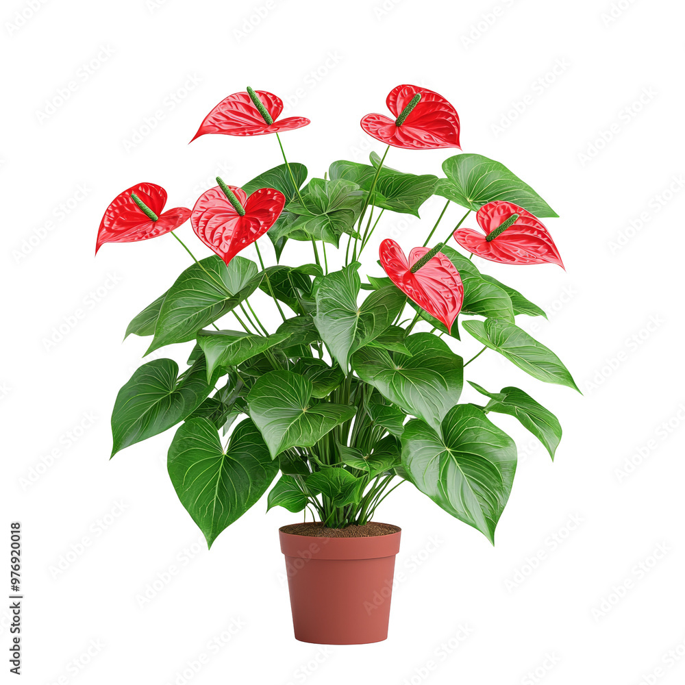 Obraz premium Vibrant red Anthurium plant in decorative pot with glossy green leaves