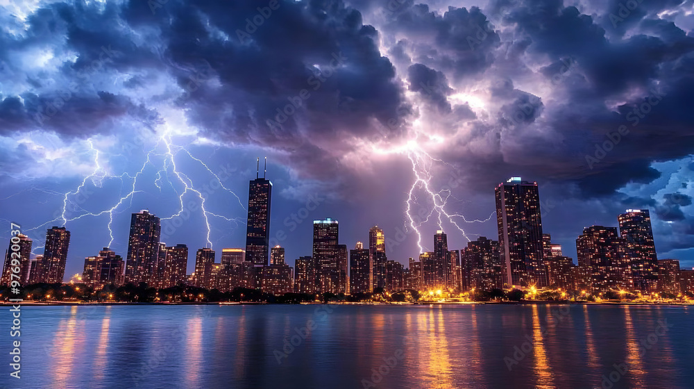 A dramatic storm with lightning strikes over a city skyline at night, with the reflection of the lights in the water. A dramatic storm with lightning strikes over a city skyline at night, with the reflection of the lights in the water.