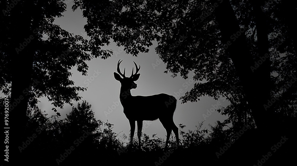 The silhouette of a deer standing gracefully amidst the dark outline of trees captures the essence of wildlife in this black and white scene. The silhouette of a deer standing gracefully amidst the dark outline of trees captures the essence of wildlife in this black and white scene.