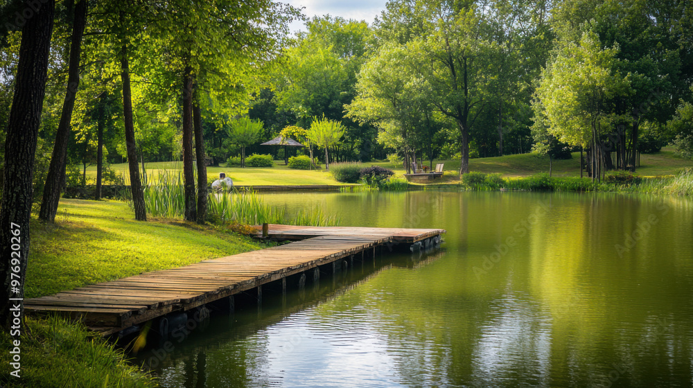 A picturesque pond with a wooden dock extending into the water, perfect for a peaceful retreat in nature. A picturesque pond with a wooden dock extending into the water, perfect for a peaceful retreat in nature.