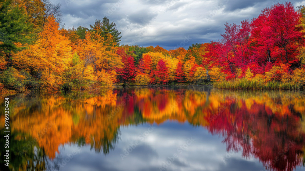 A vibrant autumn scene with a pond surrounded by trees in full fall colors, their reflections mirrored in the water. A vibrant autumn scene with a pond surrounded by trees in full fall colors, their reflections mirrored in the water.