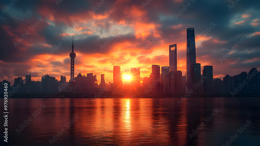 A dramatic sunrise over the Shanghai skyline, with the sun shining through the clouds and reflecting in the water. A dramatic sunrise over the Shanghai skyline, with the sun shining through the clouds and reflecting in the water.