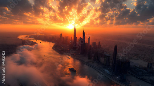 A dramatic sunrise over a c...