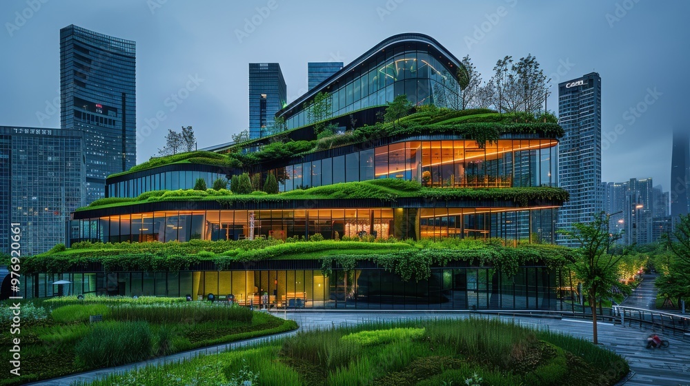 Fototapeta premium At the heart of a bustling city, an innovative green building stands tall, a symbol of cutting-edge technology and sustainable practices