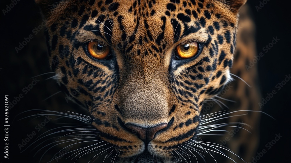 Naklejka premium Close-up portrait of a leopard with intense golden eyes looking directly at the camera.