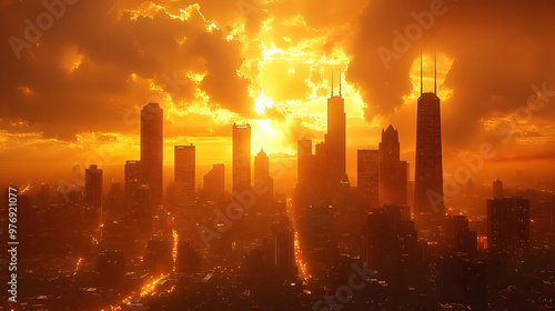 A dramatic sunset over a ci...