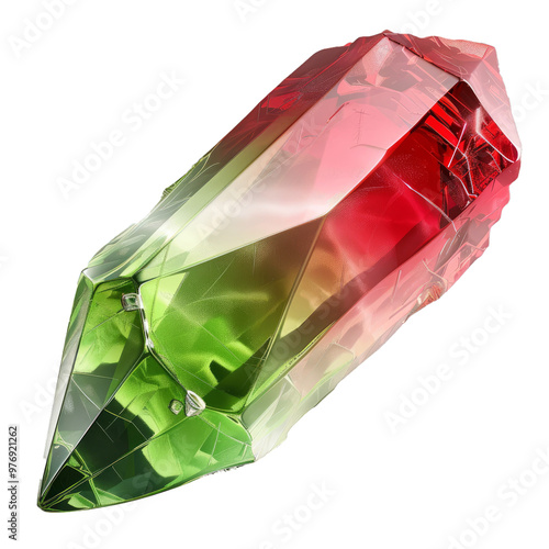 Red and green crystal gemstone with a white background showing pleurochroism effect photo