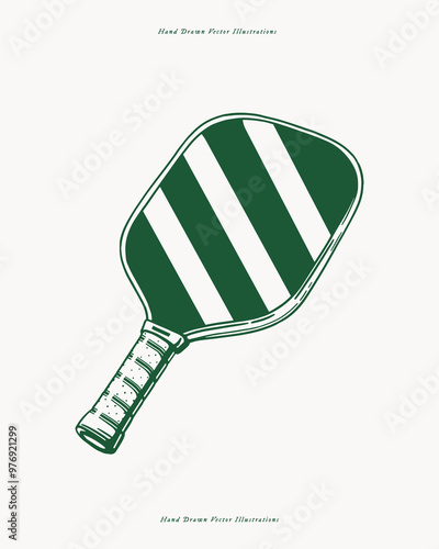 Green hand-drawn pickleball paddle with bold diagonal stripes. Perfect for sports designs, recreational branding, or pickleball-themed projects.