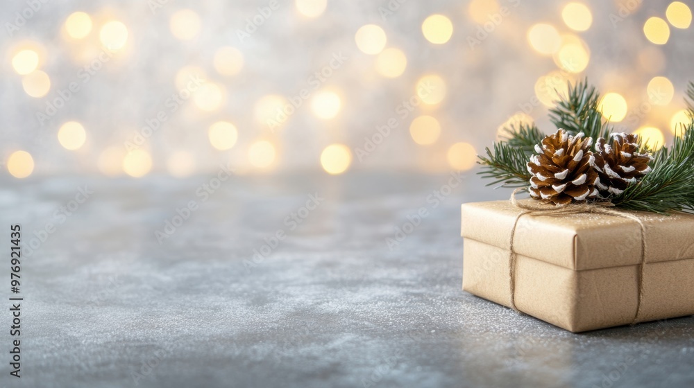A beautifully wrapped Christmas gift sits on a rustic wooden table, adorned with pine cones and greenery against warm holiday lights A beautifully wrapped Christmas gift sits on a rustic wooden table, adorned with pine cones and greenery against warm holiday lights