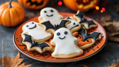 Decorative Halloween Ghost and Bat Cookies on Festive Plate with Pumpkins