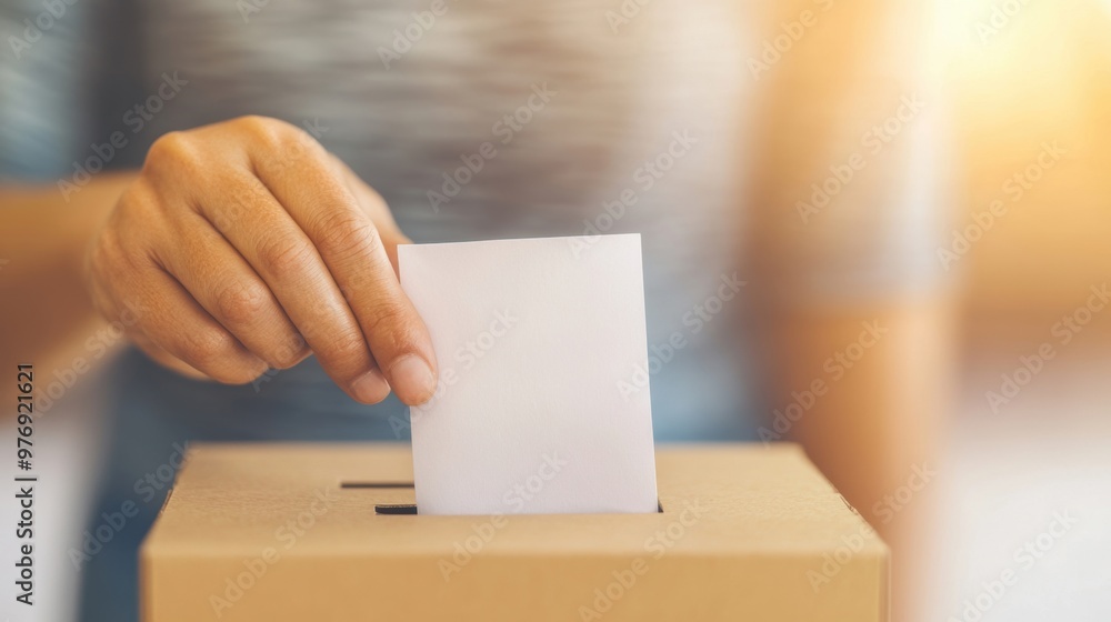 A hand carefully inserts a voting ballot into a box at a community center, reflecting civic engagement and participation in elections A hand carefully inserts a voting ballot into a box at a community center, reflecting civic engagement and participation in elections