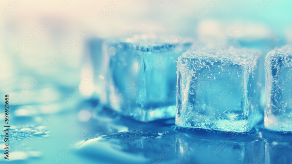 Sparkling ice cubes exhibit a blue tint and captivating reflections, creating a refreshing visual effect in a cooler atmosphere Sparkling ice cubes exhibit a blue tint and captivating reflections, creating a refreshing visual effect in a cooler atmosphere