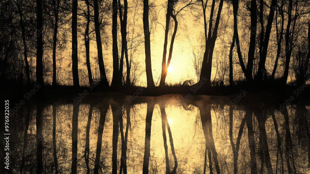 A tranquil evening scene with a pond reflecting the silhouettes of trees as the sun sets behind them. A tranquil evening scene with a pond reflecting the silhouettes of trees as the sun sets behind them.