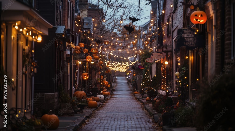 Obraz premium Quaint Village Street Lined with Pumpkins, Jack-O’-Lanterns, and String Lights for Halloween