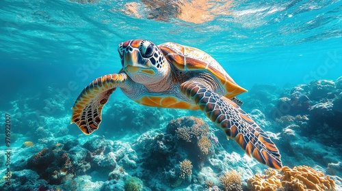 A vibrant sea turtle swimming gracefully through coral reefs.