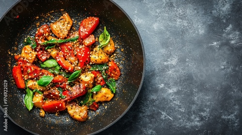 A vibrant mix of stir-fried vegetables, including bell peppers and herbs, is sizzling in a pan on a dark countertop