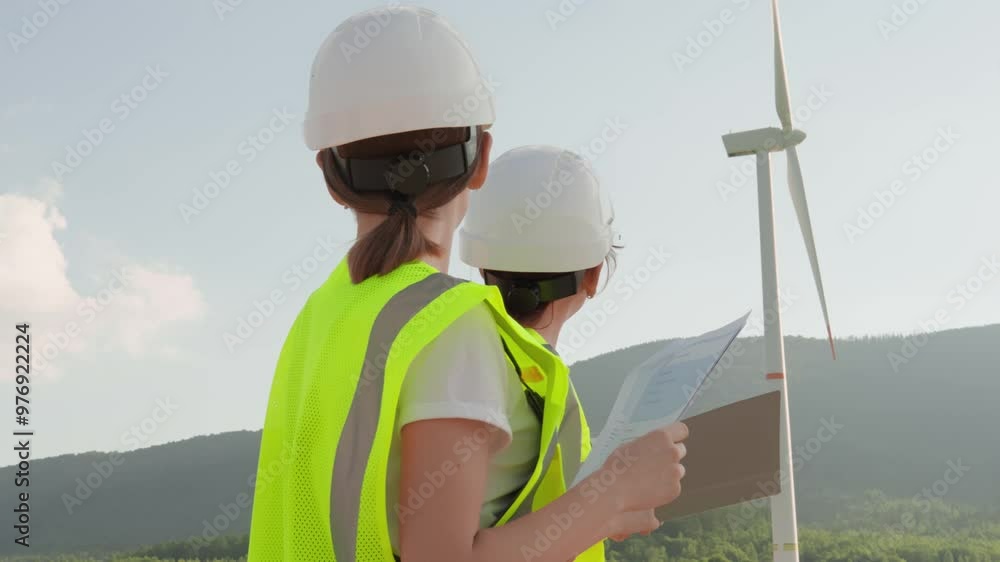 A team of engineers in highvisibility vests and helmets is conducting a safety and maintenance check on a wind turbine farm, ensuring proper operation in the renewable energy sector A team of engineers in highvisibility vests and helmets is conducting a safety and maintenance check on a wind turbine farm, ensuring proper operation in the renewable energy sector