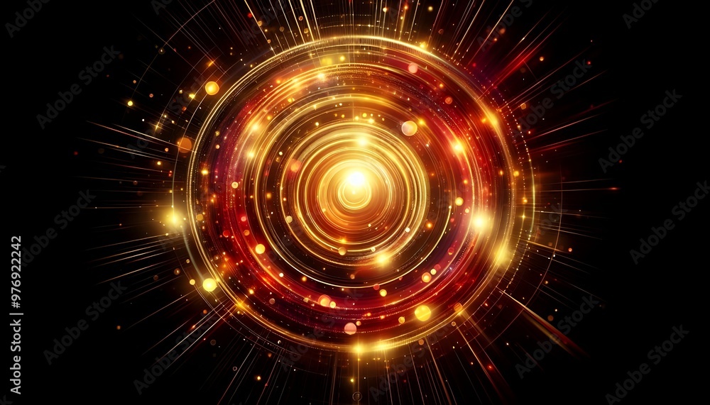 Golden and red circles with glowing rays abstract background Golden and red circles with glowing rays abstract background