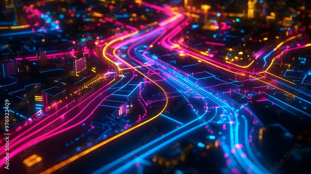Vibrant street map of the neighborhood, overlaid with glowing neon lines and holographic street names, Pop Art, Neon, High Contrast, Futuristic style