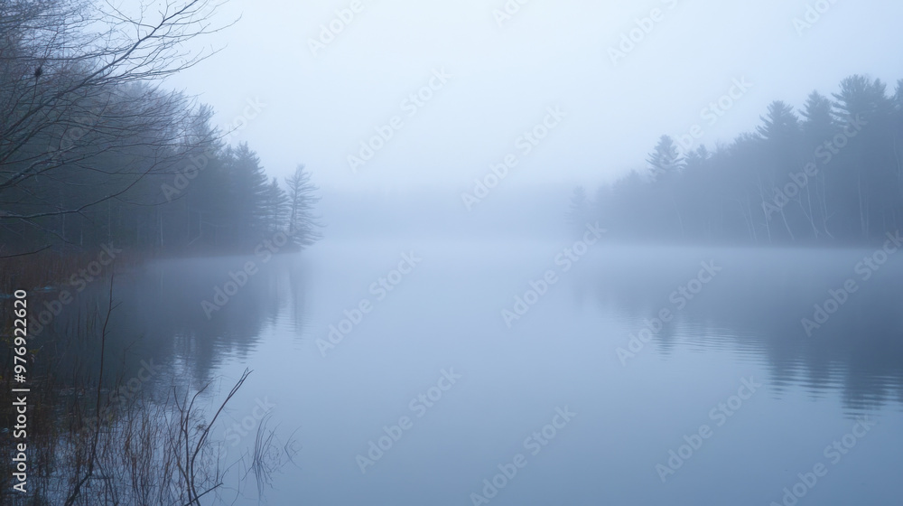 A foggy morning at a pond, with the mist hovering over the water and trees barely visible in the background. A foggy morning at a pond, with the mist hovering over the water and trees barely visible in the background.