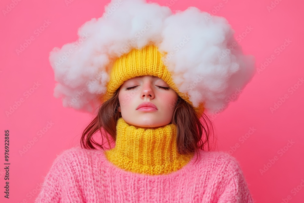 Dreamy young woman in a yellow knitted hat and sweater with a fluffy white cloud, isolated on pink. Dreamy young woman in a yellow knitted hat and sweater with a fluffy white cloud, isolated on pink.
