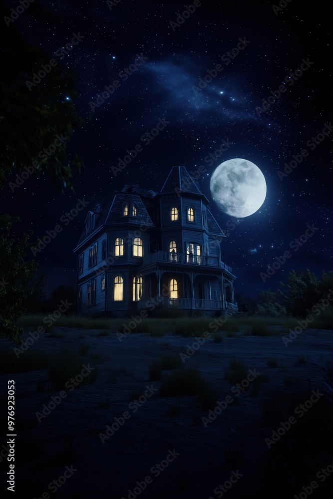 Haunted Victorian mansion under the full moon Haunted Victorian mansion under the full moon