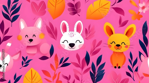 Seamless pattern featuring cute animals in a joyful dance, vivid pastel hues, pop art style, high contrast, and playful elements, perfect for fabric design.