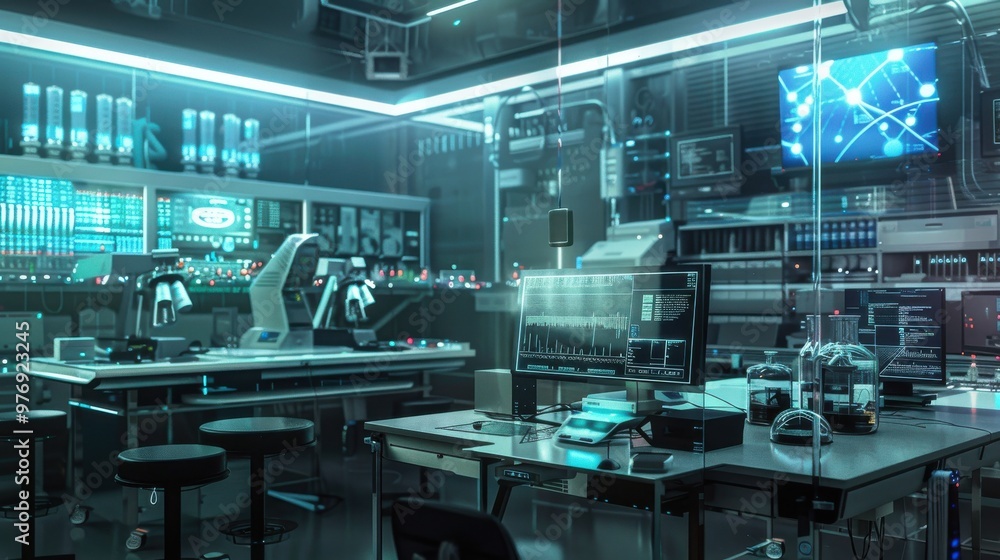Naklejka premium A futuristic lab setup where AI systems monitor and control bioreactors for optimal genetic recombination processes.