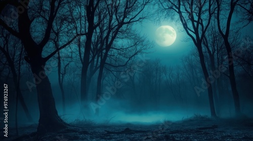 Fototapeta Naklejka Na Ścianę i Meble -  Gloomy foggy mysterious forest under a full moon at night