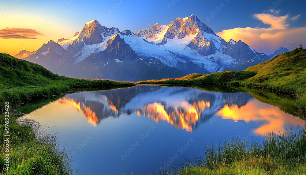 Obraz premium Nature Bliss: A serene mountain landscape with a lake reflecting the snowy peaks at sunrise
