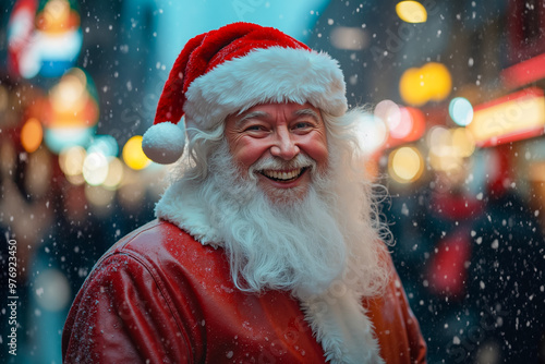 A man dressed as Santa Claus smiles at the camera