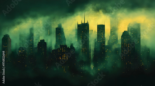 A dystopian cityscape shrou...