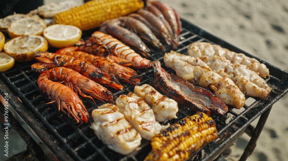 Charcoal barbecue grill at the beach filled with grilled shrimp, squid, and corn, perfect for a sunny outdoor gathering Charcoal barbecue grill at the beach filled with grilled shrimp, squid, and corn, perfect for a sunny outdoor gathering