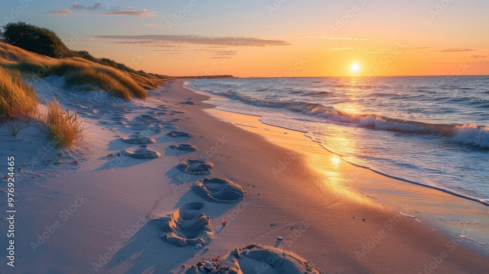 Fototapeta premium A quiet morning walk along the beach, with the sunrise casting long shadows and the waves gently lapping at the shore.