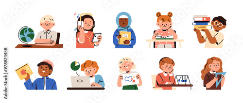 School kids studying different subjects set. Children students learning math, physics, art education, reading book. Boys and girls at lessons. Flat vector illustration set isolated on white background