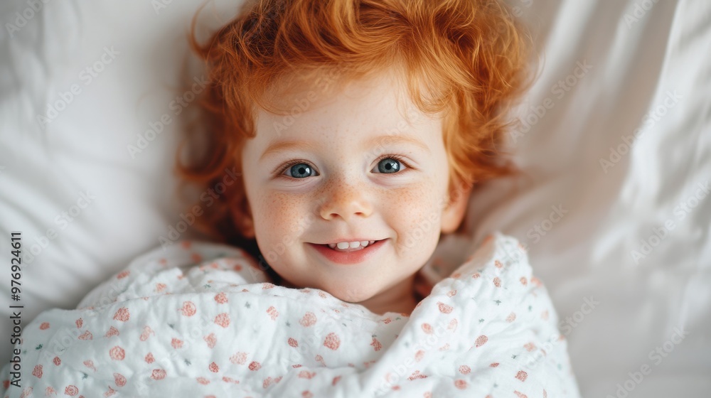 A cheerful redheaded toddler lies wrapped in a soft blanket, smiling brightly in a well-lit bedroom during the morning A cheerful redheaded toddler lies wrapped in a soft blanket, smiling brightly in a well-lit bedroom during the morning