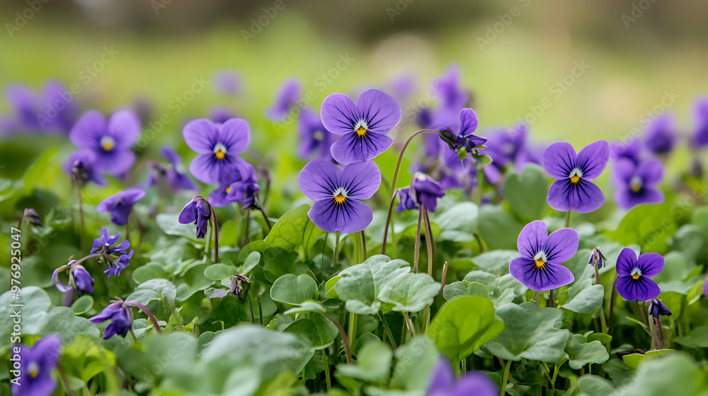 A field of wild violets, their purple flowers and edible leaves standing out in the greenery A field of wild violets, their purple flowers and edible leaves standing out in the greenery