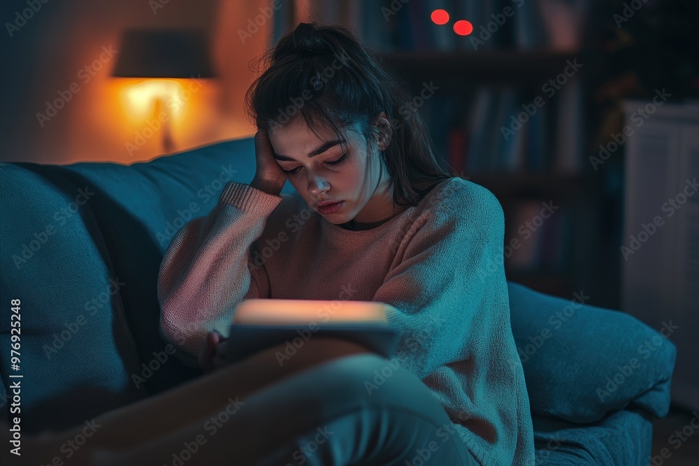 Obraz premium People, technology and internet concept - young woman using digital tablet at home. Beautiful simple AI generated image