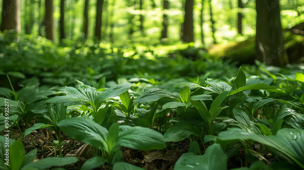 A forest scene with wild ramps growing in the underbrush, showcasing the edible leaves and bulbs A forest scene with wild ramps growing in the underbrush, showcasing the edible leaves and bulbs