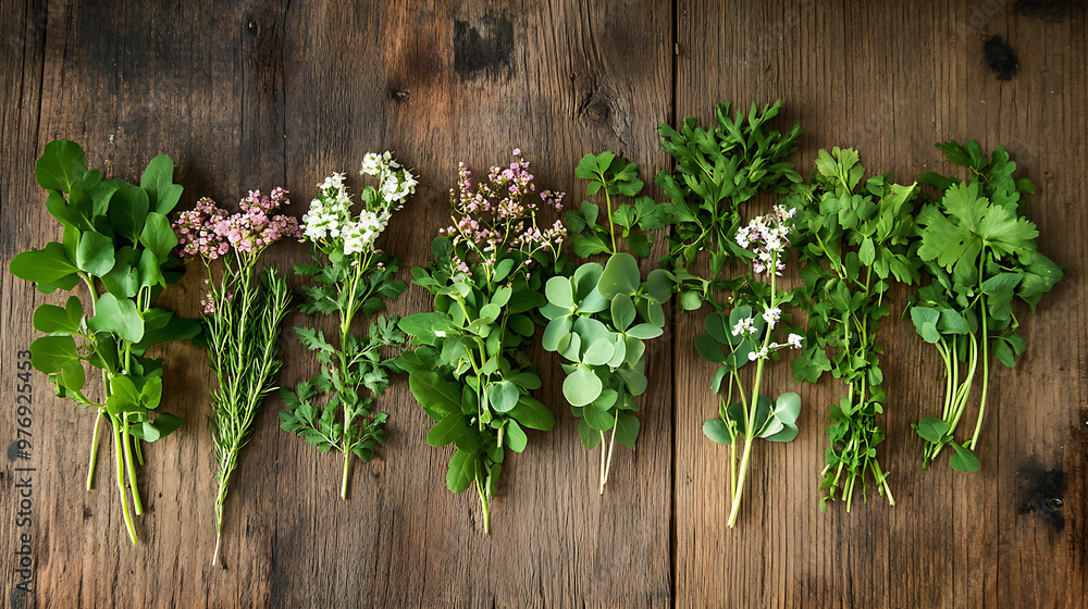 A variety of edible wild plants, such as clover and chickweed, arranged on a wooden table for identification A variety of edible wild plants, such as clover and chickweed, arranged on a wooden table for identification