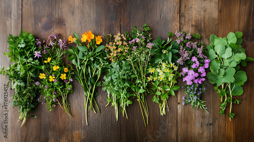 A variety of edible wild plants, such as clover and chickweed, arranged on a wooden table for identification 