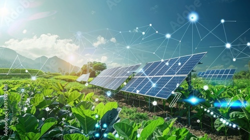 Solar panels in a lush field with AI sensors optimizing energy output.