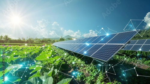 Solar panels in a lush field with AI sensors optimizing energy output.