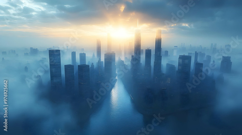 A foggy city skyline with s...